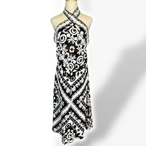 NWT Ann Taylor ‘Scarf Print Linen Blend Crossover Halter Dress’ in Black Size 2 - Picture 5 of 16
